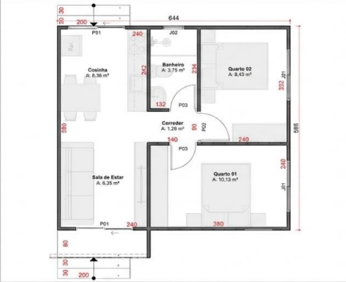 Planta técnica cotada da casa modular com dimensões em centímetros