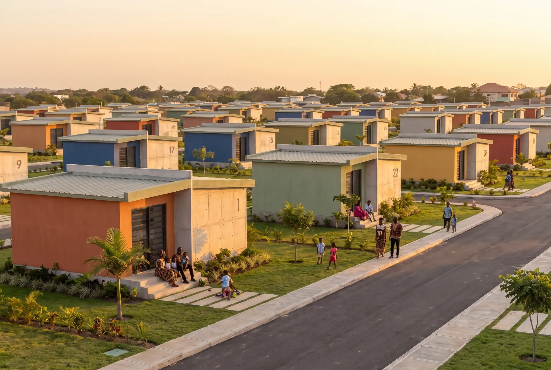 Bairro planeado com casas modulares em Moamba ao pôr do sol