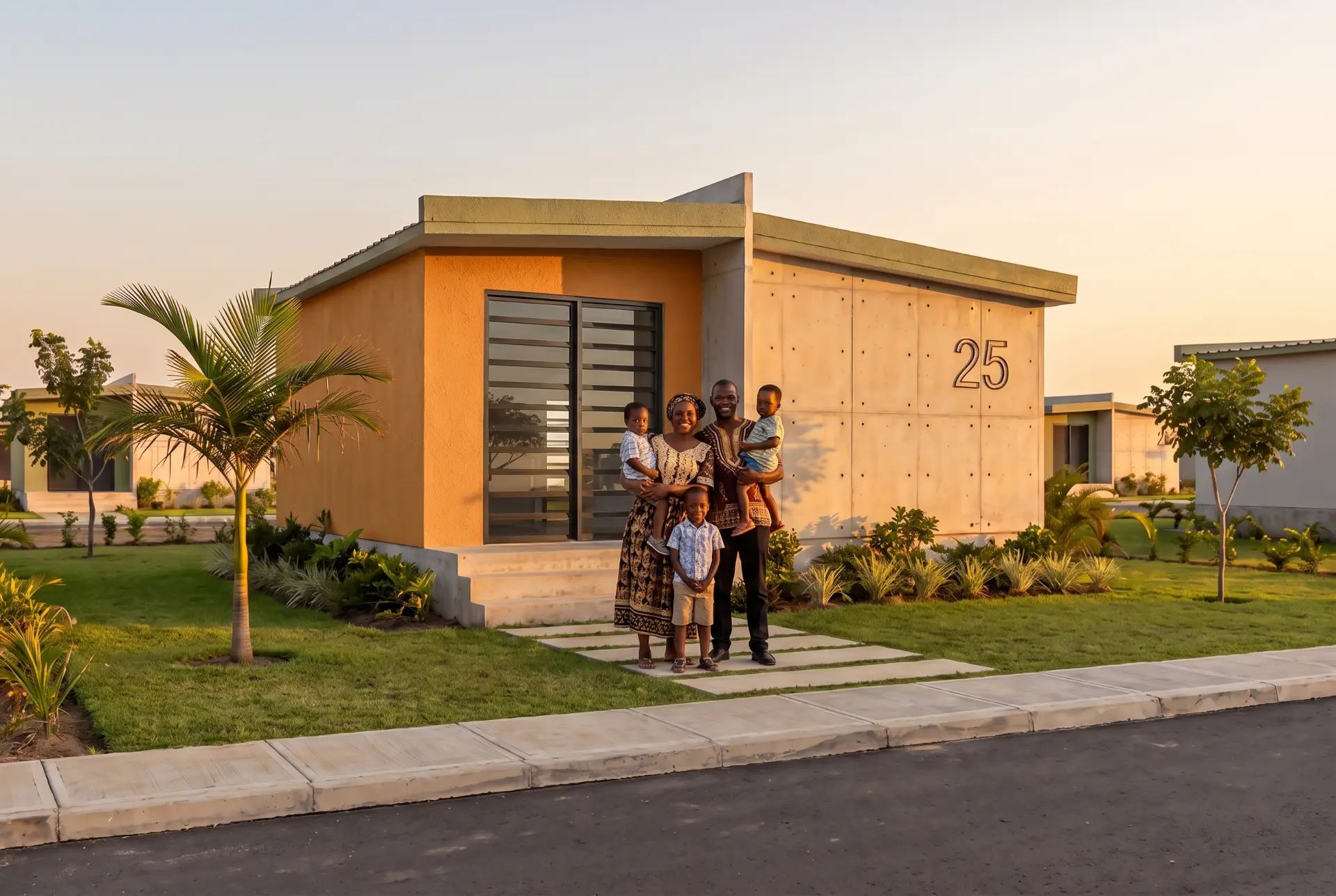 Família moçambicana em frente à sua casa modular