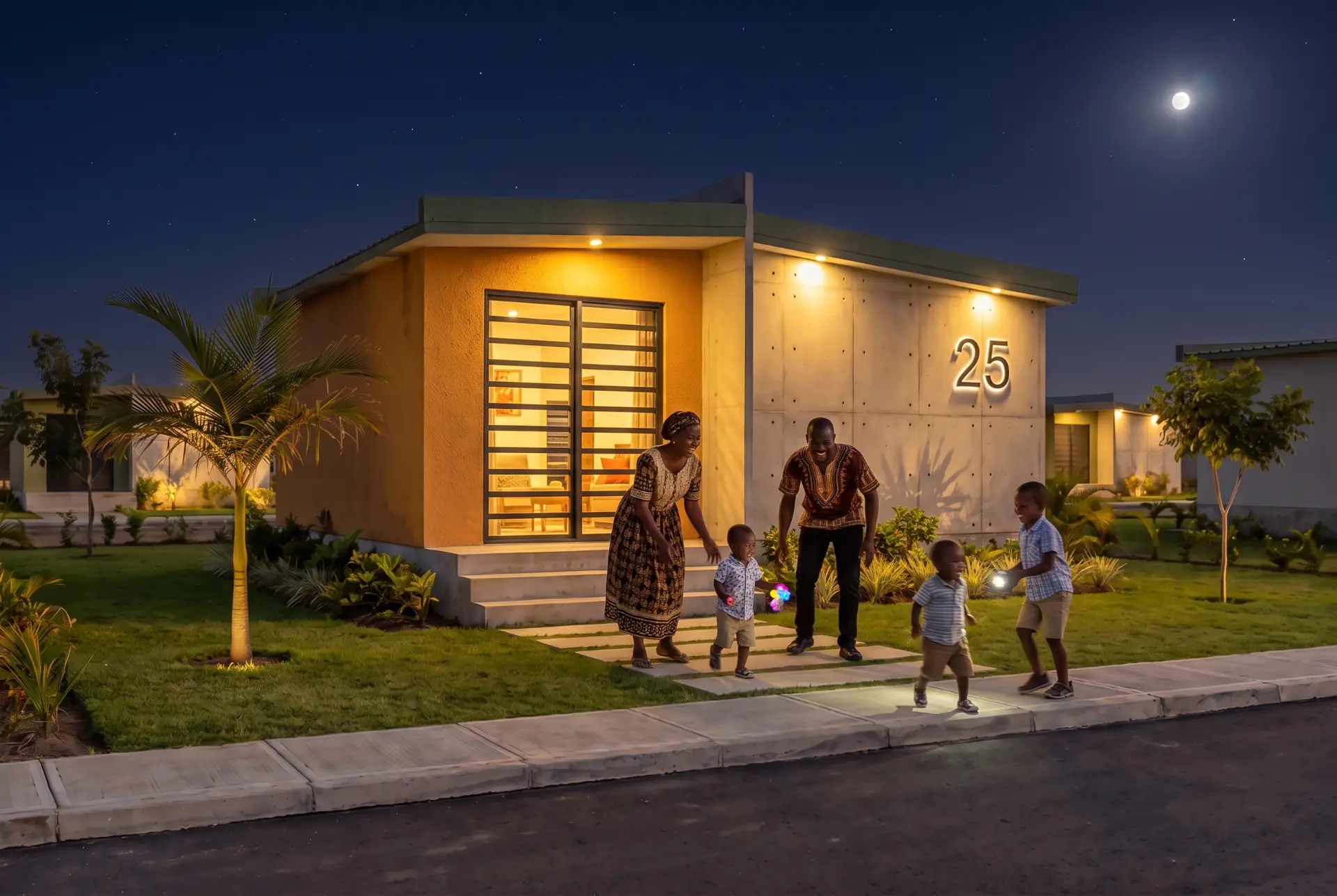 Casa modular iluminada à noite com família na entrada